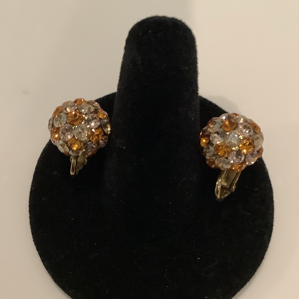 Gold-Tone Amber And Clear Crystal Clip-On Earrings, Brand New
